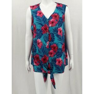 Juniper + Lime Top Womens 3X Blue Pink Tropical Floral Sleeveless Hawaiian Beach